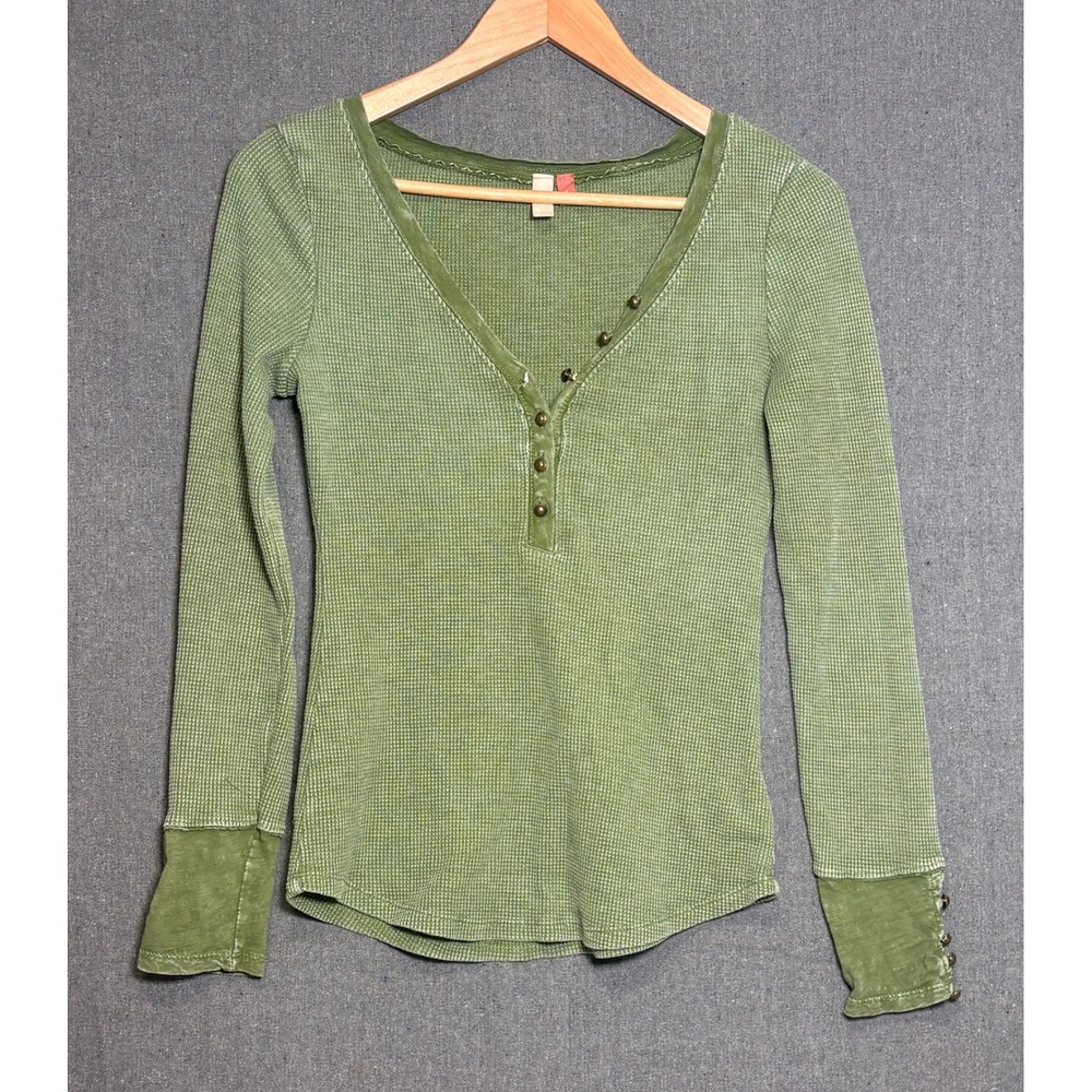Pilcro and the Letterpress Green Waffle Knit Henley Top Long Sleeve Small